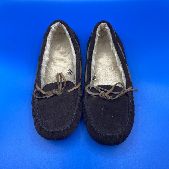 Sox Tab Shoes - SOX-TAB BROWN SUEDE SLIPPERS MOCCASINS FAUX SHEARLING WITH LEATHER TIES SZ 10
